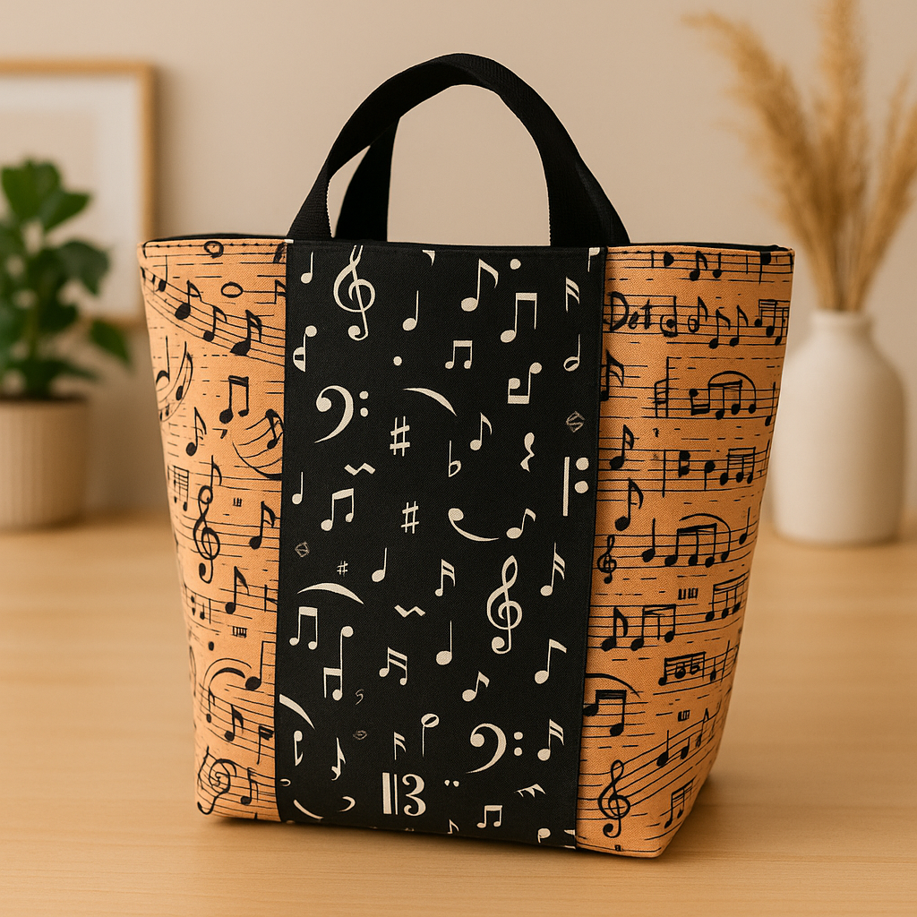 Tote bag with music note pattern on a wooden surface