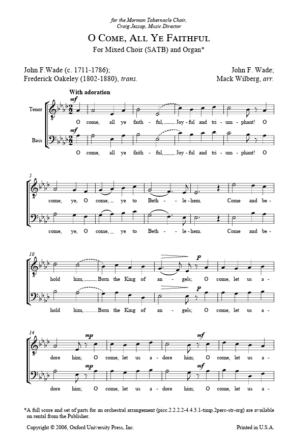 Sheet music for 'O Come, All Ye Faithful' with musical notation and text.