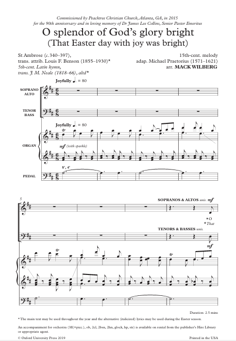Sheet music for a religious piece titled 'O splendor of God's glory bright' with musical notation and text.