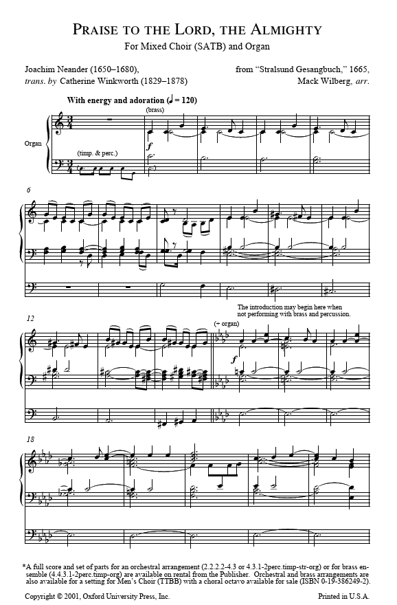 Sheet music for 'Praise to the Lord, the Almighty' by Johann Sebastian Bach with organ accompaniment.