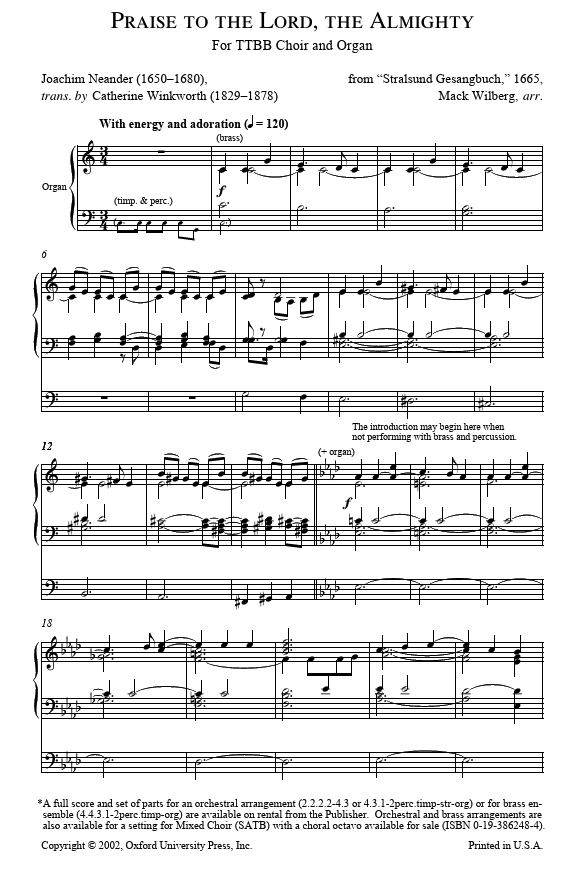 Sheet music for 'Praise to the Lord, the Almighty' by Joachim Neander and Catherine Winkworth.