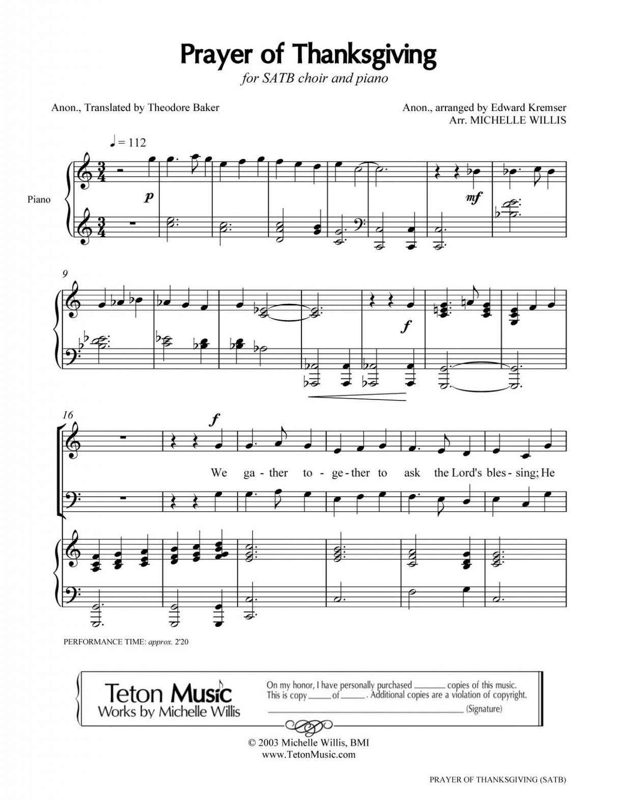 Prayer of Thanksgiving (SATB)