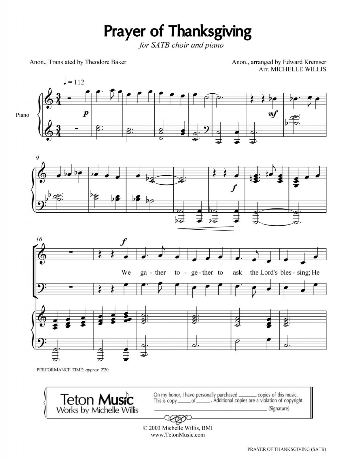 Prayer of Thanksgiving (SATB)