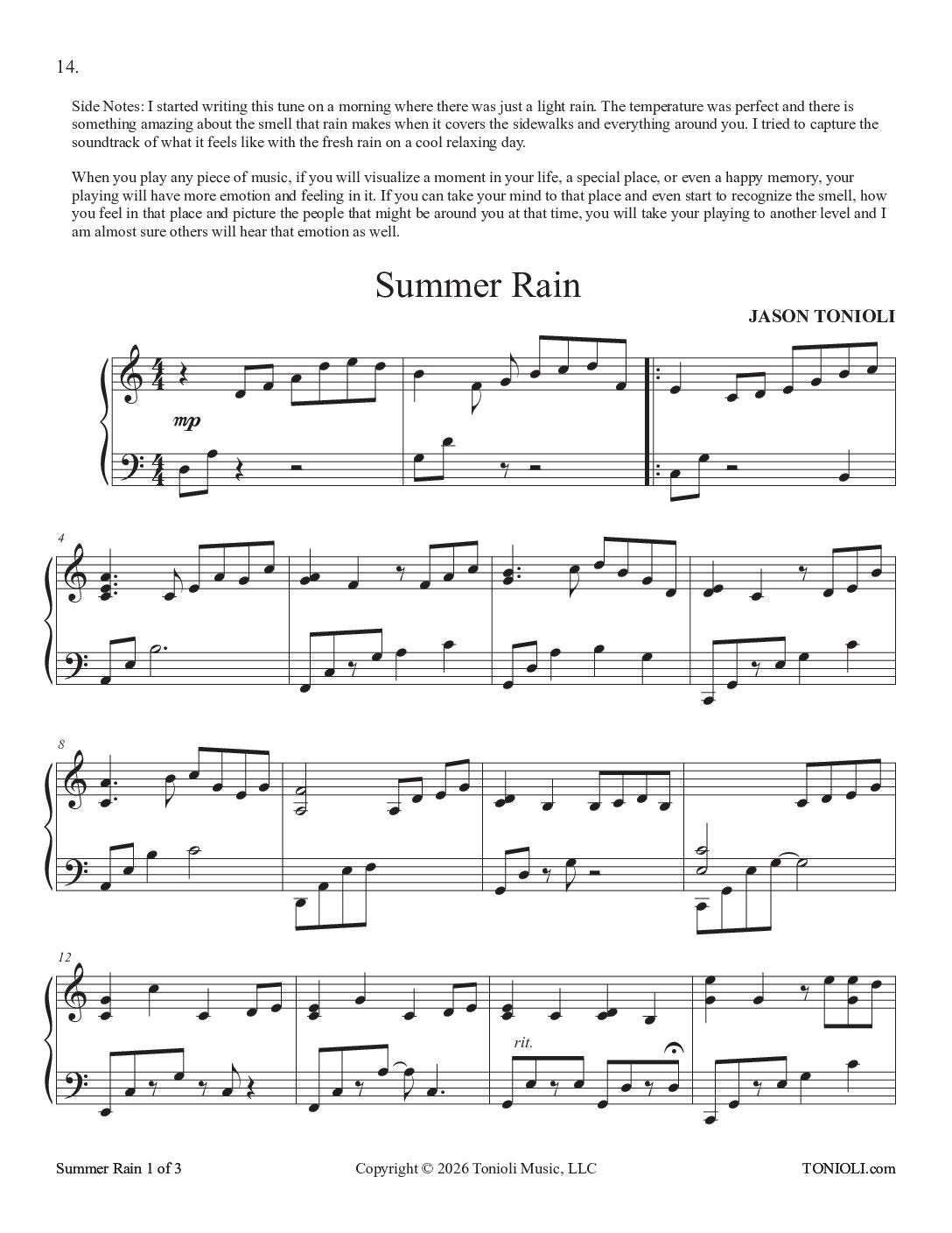 Quiet Thoughts: Easier Originals Vol. 1 by Jason Tonioli – Piano Solos
