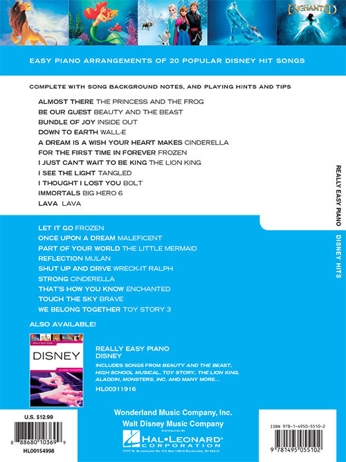 Back cover of a Disney music book with song list and branding