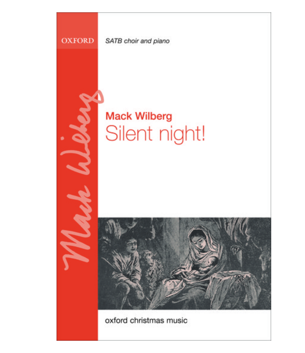 Cover of the sheet music book 'Silent Night' by Mack Wilberg, with an illustration of two figures gazing towards a shining star.