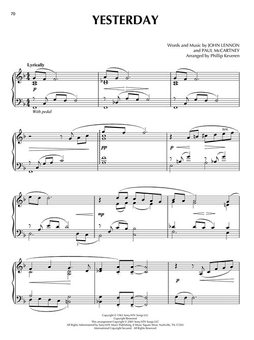 the beatles piano sheet music for yesterday by phillip keveren