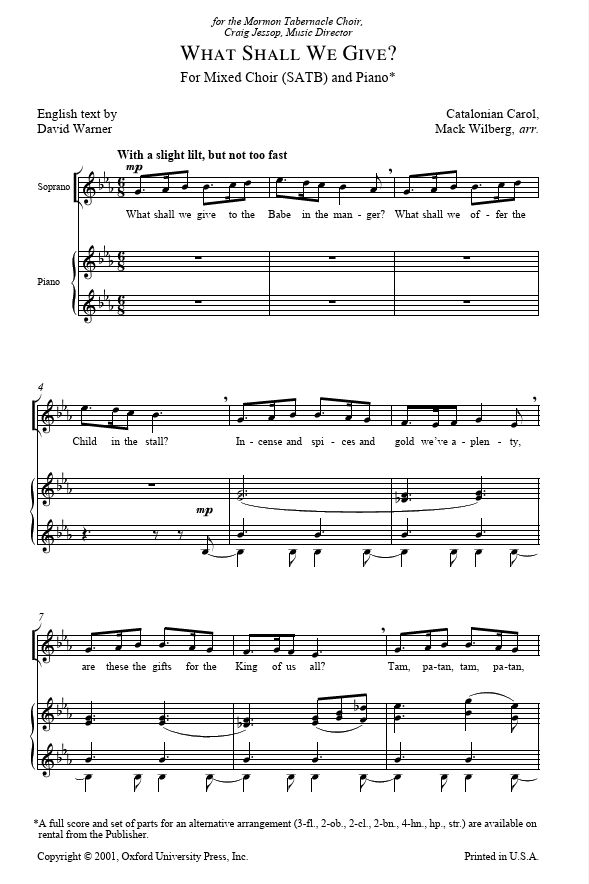 Sheet music for 'What Shall We Give?' with musical notation and text.