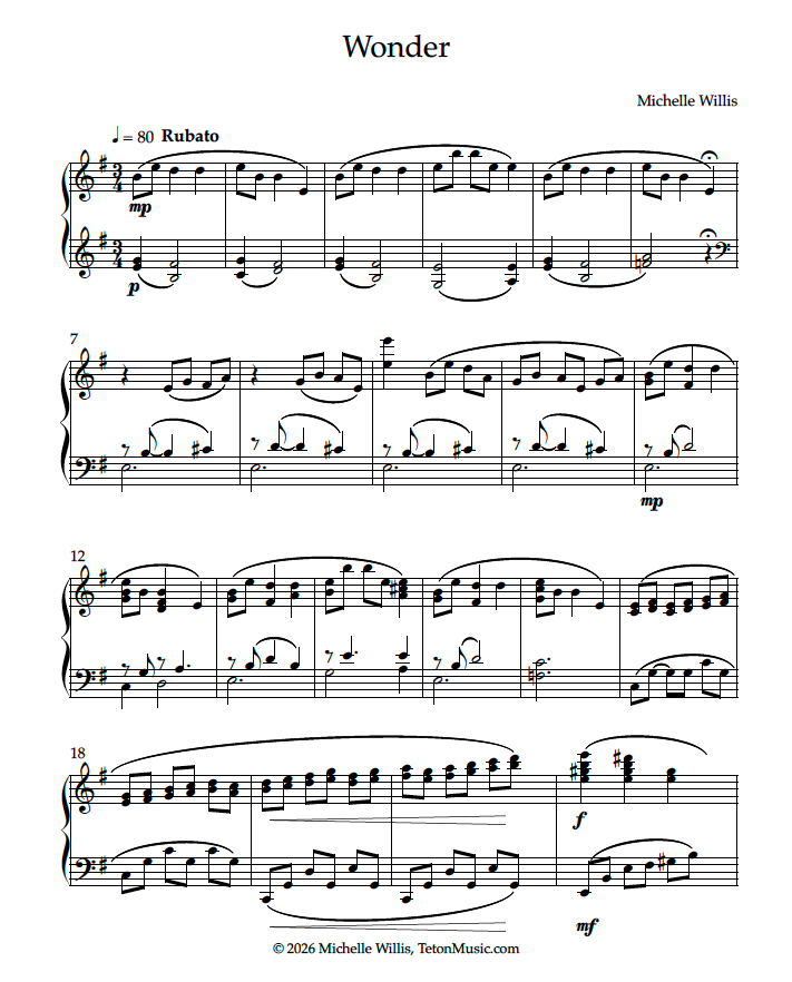 Sheet music for 'Wonder' by Michelle Willis with musical notation and composer's name.