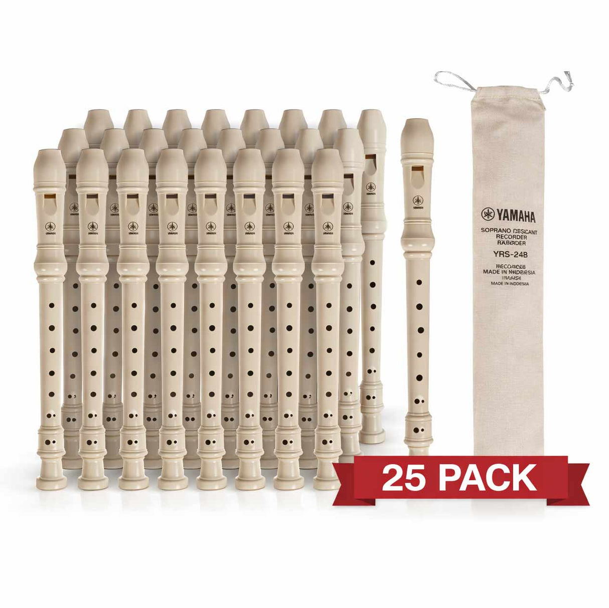 Set of 25 Yamaha recorders with a carrying case on a white background