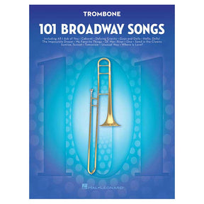 Music book cover for '101 Broadway Songs' for trombone with a trombone illustration on a blue background.