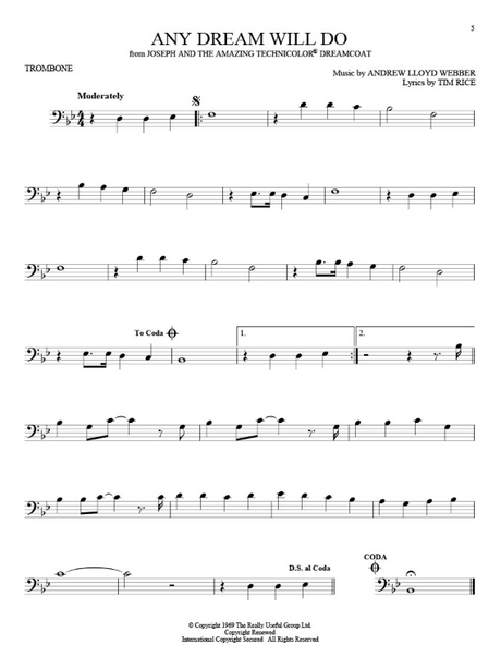Sheet music for trombone of Any Dream Will Do with notes and text on a white background