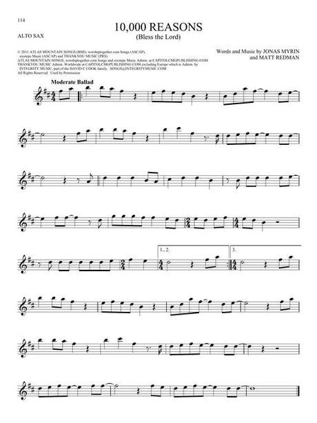Sheet music for alto saxophone with '10,000 Reasons' by Matt Redman and Jonas Myrin.