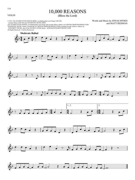 Sheet music for violin with '10,000 Reasons' by Matt Redman and Jonas Myrin on a white background.