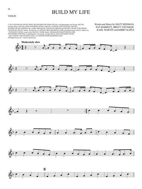 Sheet music for 'Build My Life' with violin notation and text.