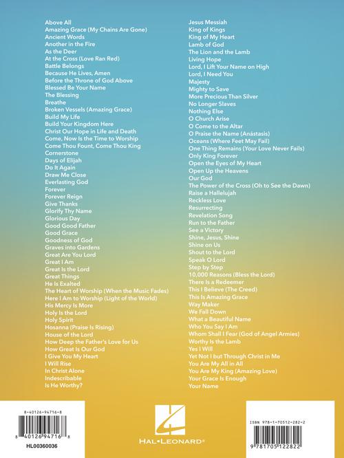 Back cover of 101 worship songs music book with song list and Hal Leonard logo