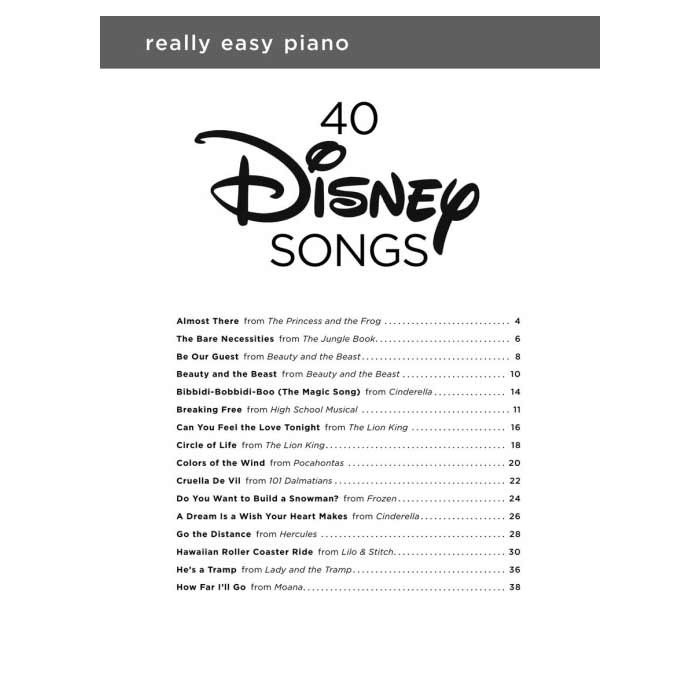 Sheet music cover for '40 Disney Songs Really Easy Piano' with a list of songs on a white background.