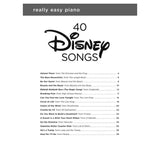 Sheet music cover for '40 Disney Songs Really Easy Piano' with a list of songs on a white background.