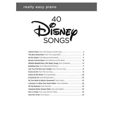 Sheet music cover for '40 Disney Songs Really Easy Piano' with a list of songs on a white background.