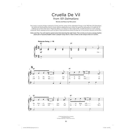 Sheet music for 'Cruella De Vil' from '101 Dalmatians' with piano notes on a white background.