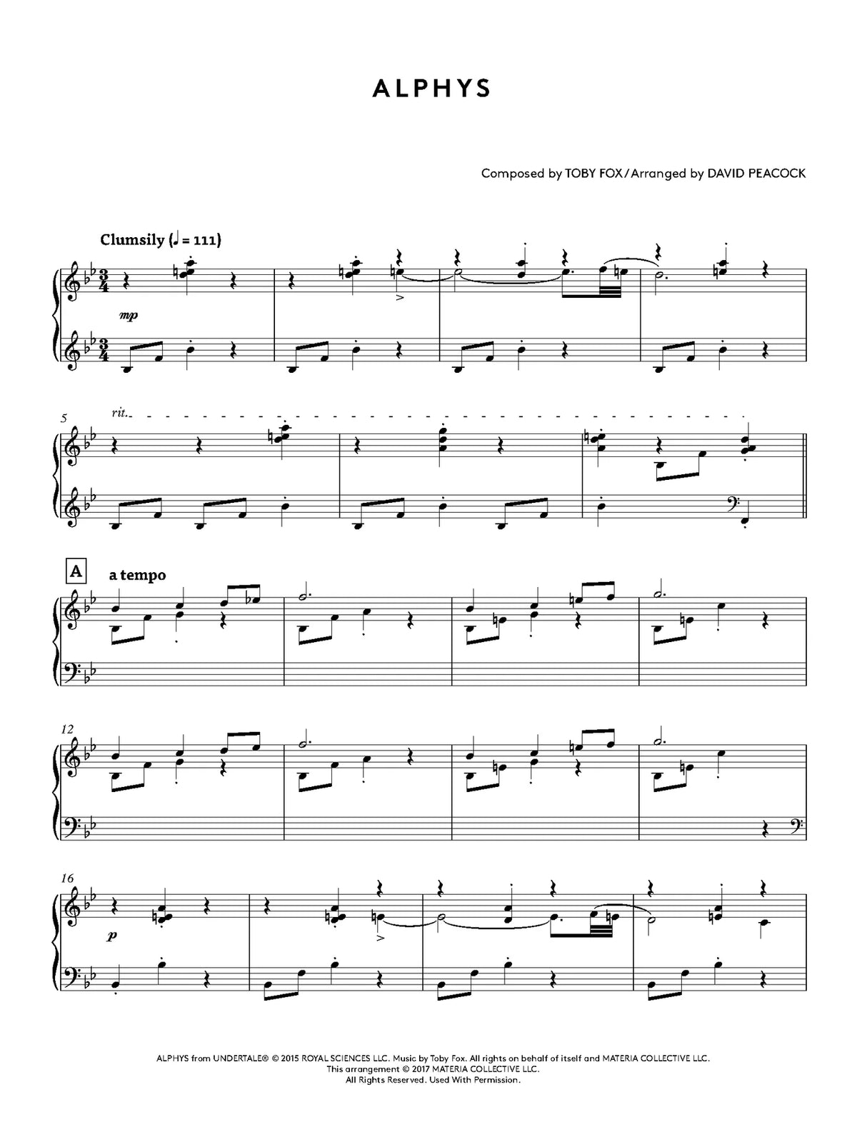 Sheet music for a piece titled 'Alphys' by Toby Fox, arranged by David Peacock.