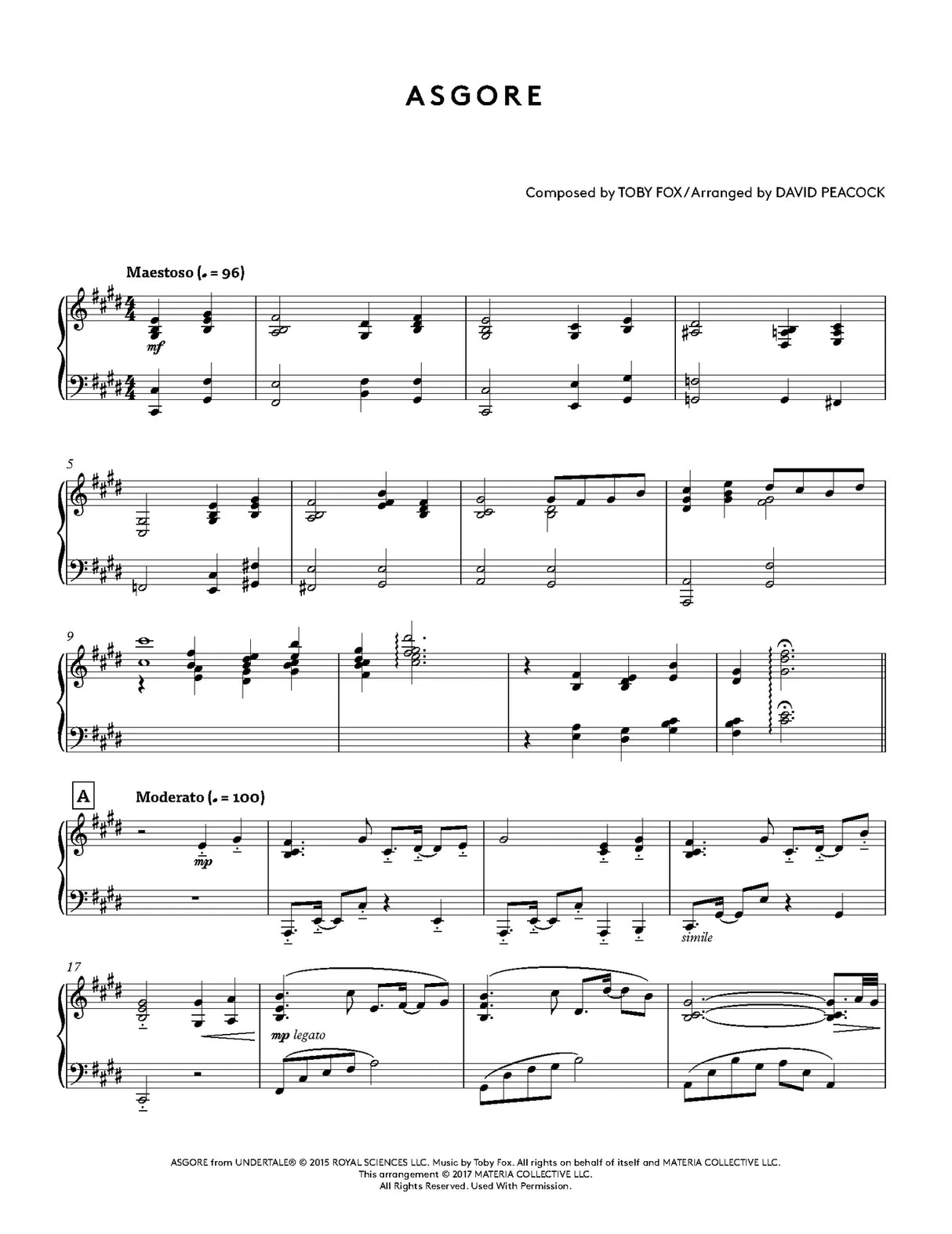 Sheet music for 'Asgore' composed by Toby Fox and arranged by David Peacock.