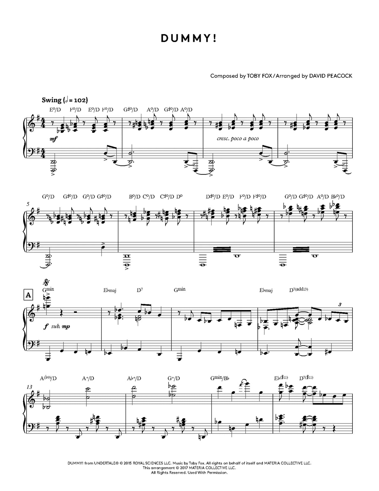 Sheet music for a piano piece titled 'Dummy!' by Toby Fox, arranged by David Peacock.