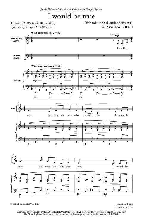 Sheet music for 'I Would Be True' with musical notation and text by mack wilberg
