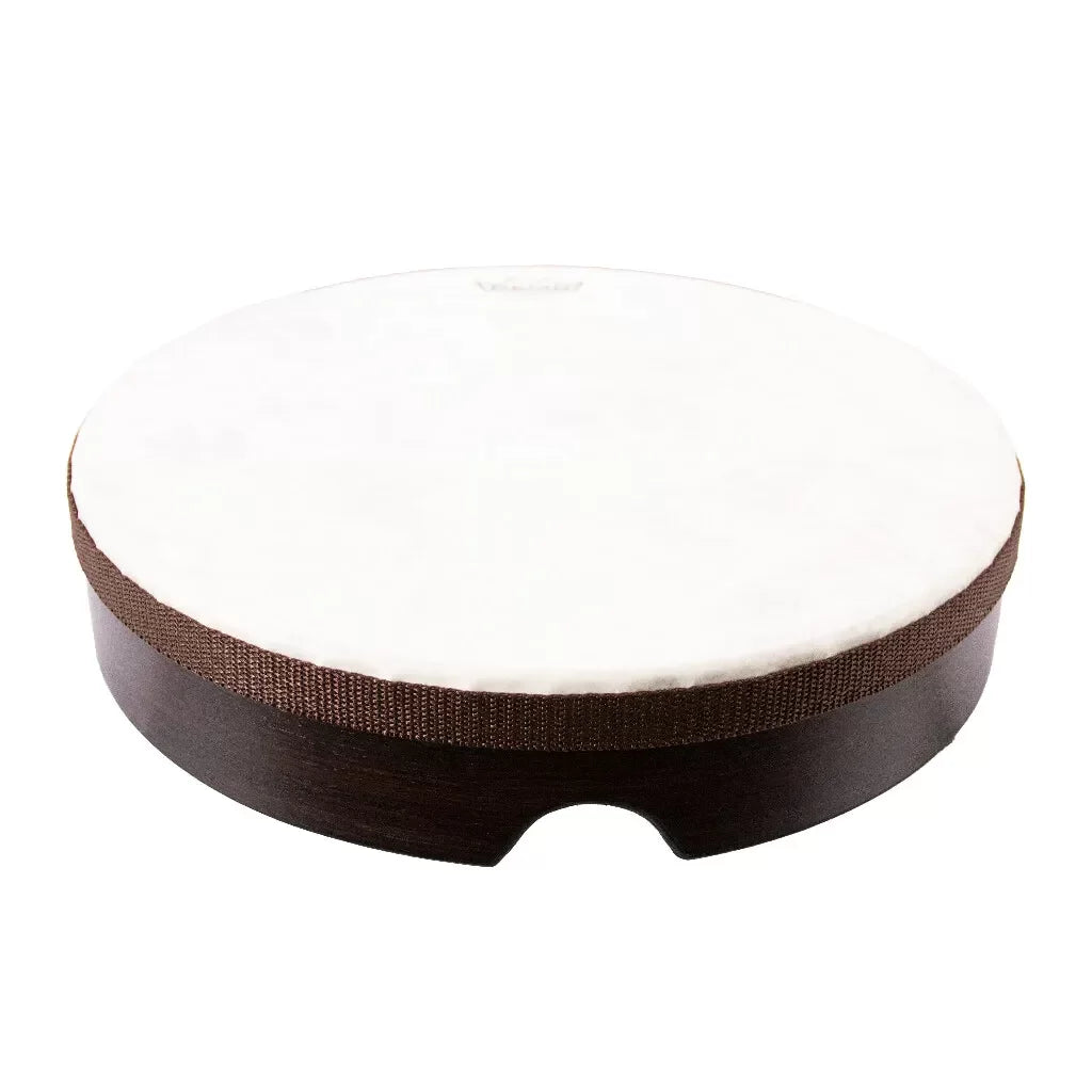 A 12-inch round Remo Fiberskyn frame drum with a brown acoustic shell and a white pre-tuned Fiberskyn head.