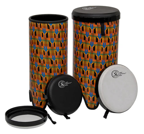 A set of Toca Sympatico System Tubadoras, which are cylindrical percussion instruments, with tuned synthetic leather heads. The drums are displayed with their covers off, showing the patterned surfaces, and are accompanied by their drum heads laid out flat.