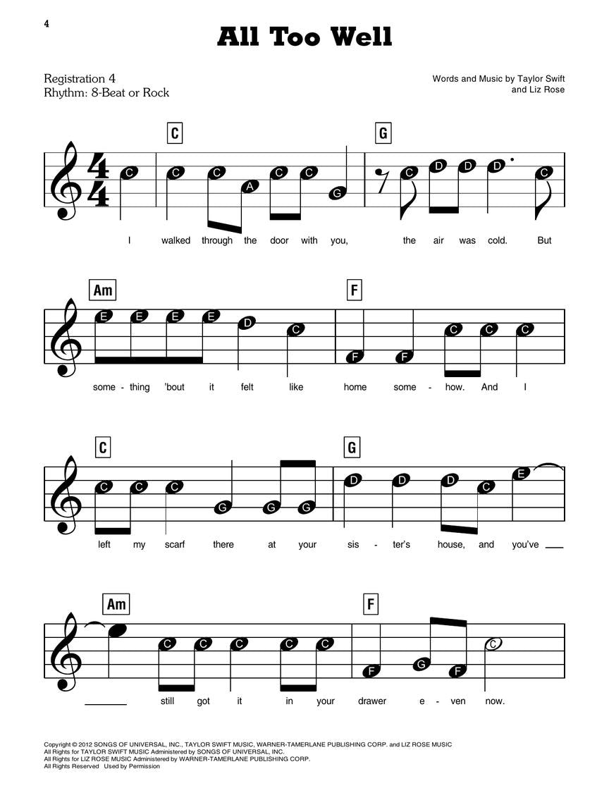 all too well piano sheet music by taylor sift