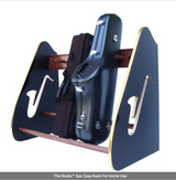 Saxophone case on a stand with 'The Studio' branding