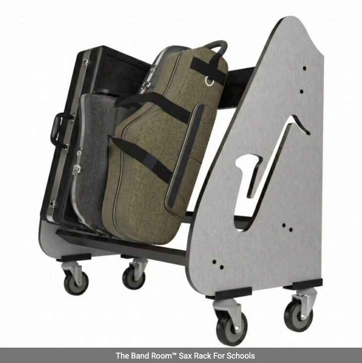 Saxophone rack with cases on a white background