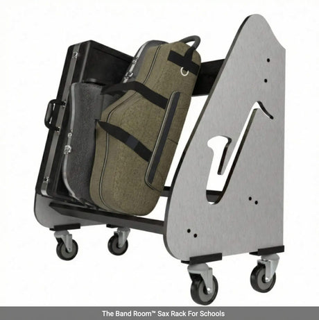 Saxophone rack with cases on a white background