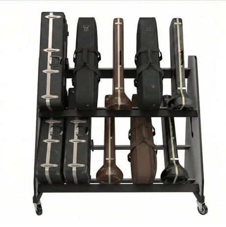 Black metal instrument rack holding various musical instruments on a white background