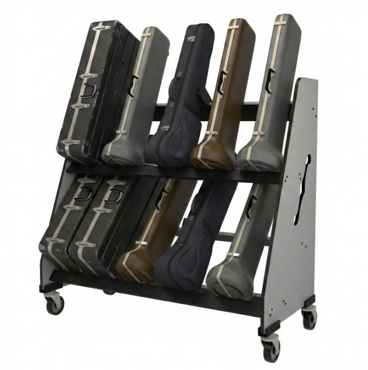 Guitar case rack holding various guitar cases on a white background