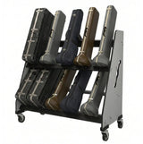 Guitar case rack holding various guitar cases on a white background