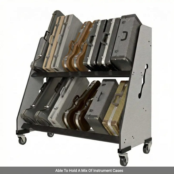 Storage rack holding various instrument cases on a white background
