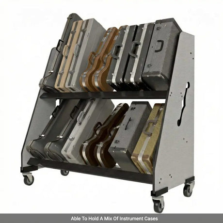 Storage rack holding various instrument cases on a white background