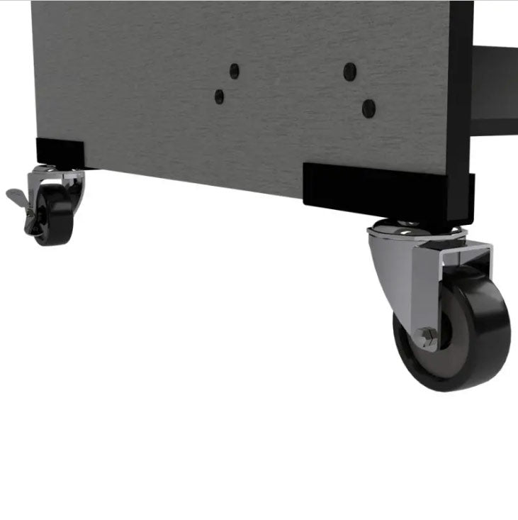 Close-up of a piece of furniture with wheels on a white background