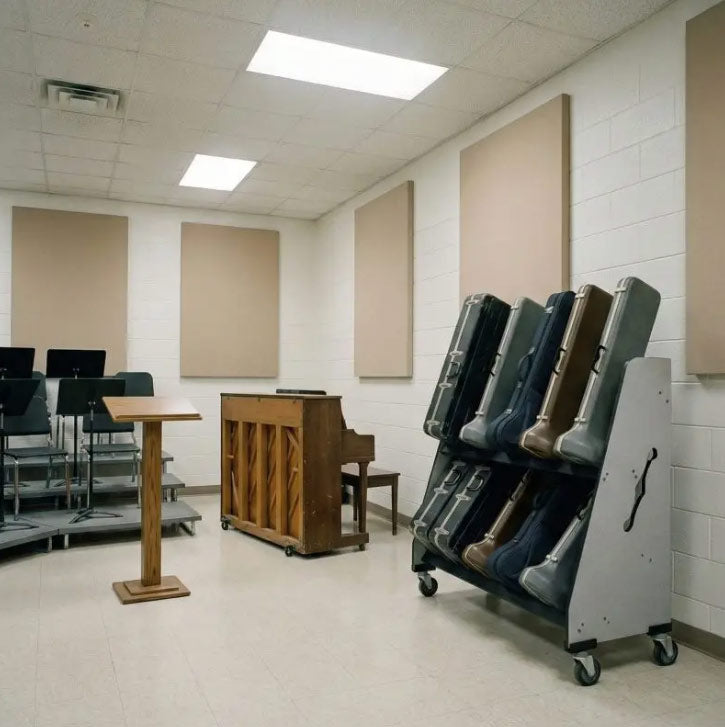 Room with musical instruments in cases on a cart, piano, and chairs.