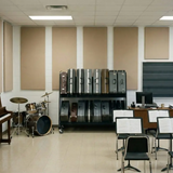 Music classroom with musical instruments and equipment