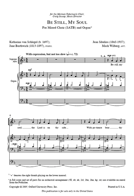 Sheet music for 'Be Still, My Soul' by Katharina von Schlegel and Jean Sibelius, arranged by Mack Wilberg.