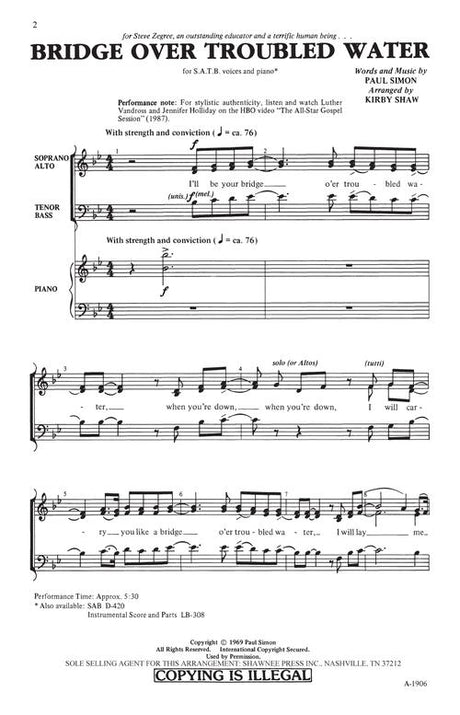 bridge over troubled water kirby shaw sheet music