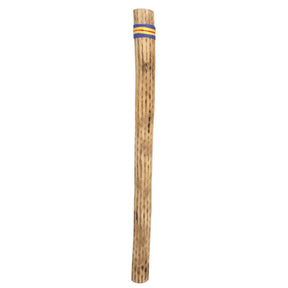 A traditional cactus rainstick instrument with a wooden shaft and a colorful woven fabric band, featuring thorns and pebbles.
