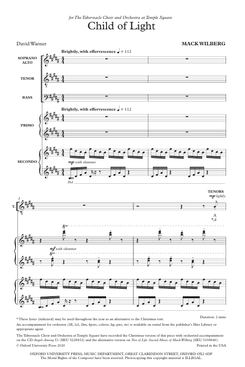 Sheet music for 'Child of Light' by Mack Wilberg with musical notation and text.