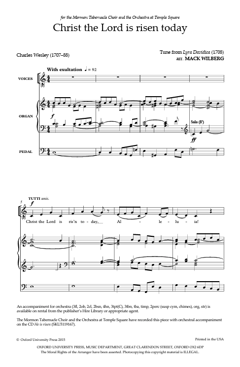 christ the lord is risen today arranged by mack wilberg sheet music sung by the tabernacle choir