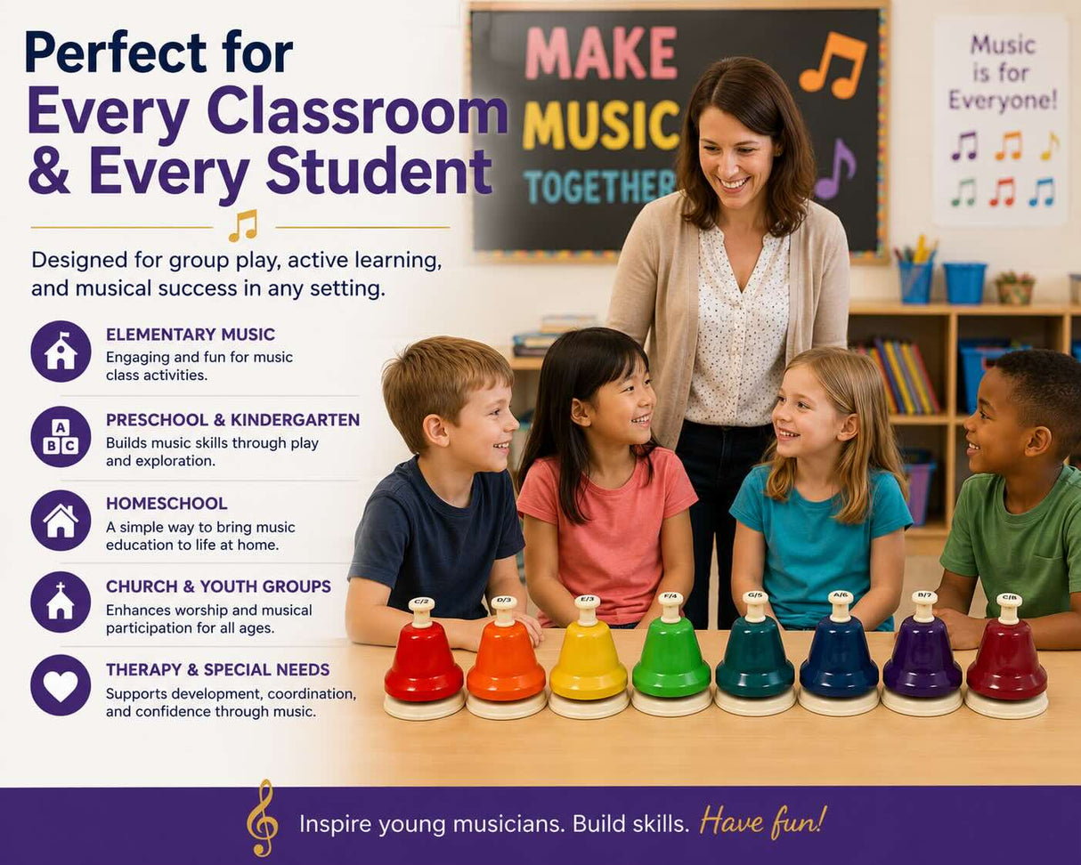 A promotional graphic for a wooden toy set of colorful bell-shaped singing bottles arranged on a table in a classroom setting, with a smiling woman standing behind the children. The left side includes text describing educational uses for elementary music, preschool and kindergarten, homeschool, church and youth groups, and therapy/special needs.