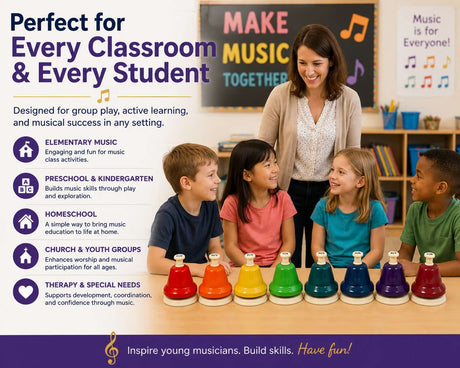 A promotional graphic for a wooden toy set of colorful bell-shaped singing bottles arranged on a table in a classroom setting, with a smiling woman standing behind the children. The left side includes text describing educational uses for elementary music, preschool and kindergarten, homeschool, church and youth groups, and therapy/special needs.