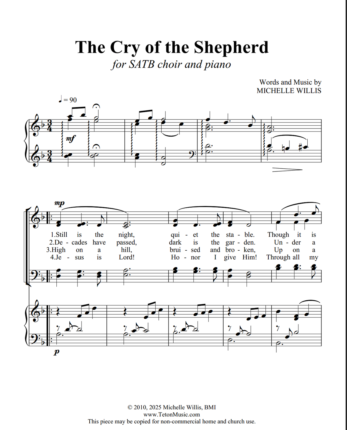 A printed sheet music page for 'The Cry of the Shepherd' for SATB choir and piano, with musical notation, lyrics, the credit 'Woods and Music by Michelle Willis,' and copyright text at the bottom.